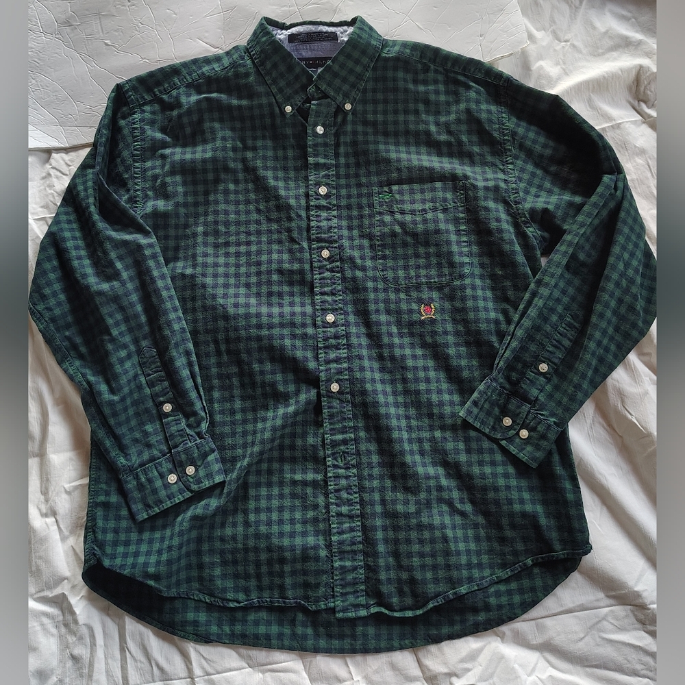 Tommy Hilfiger Plaid Casual Button Down Shirt Thick Green Navy Men's XL